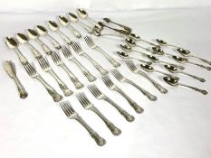 A silver flatware service for six place settings, Hourglass pattern, mainly Regency period, Dublin