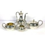 A fine four piece silver tea & coffee service, decorated with Greek Key borders, the coffee pot of