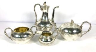 A fine four piece silver tea & coffee service, decorated with Greek Key borders, the coffee pot of