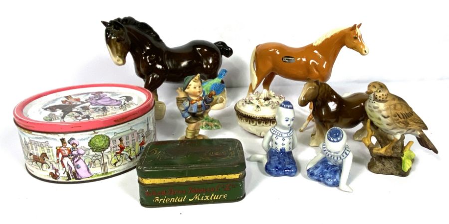 Assorted decorative figures, including horses, together with two stoneware jars and assorted