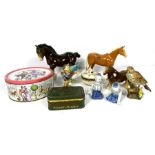 Assorted decorative figures, including horses, together with two stoneware jars and assorted