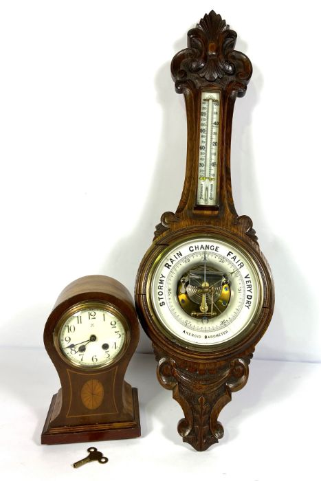 An Edwardian balloon top and inlaid mantel clock, 29cm high; And a Victorian oak cased aneroid - Image 2 of 7