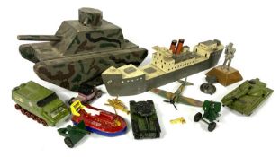 A small group of novelty toys including a handbuilt World War I tank, handbuilt model of a liberty