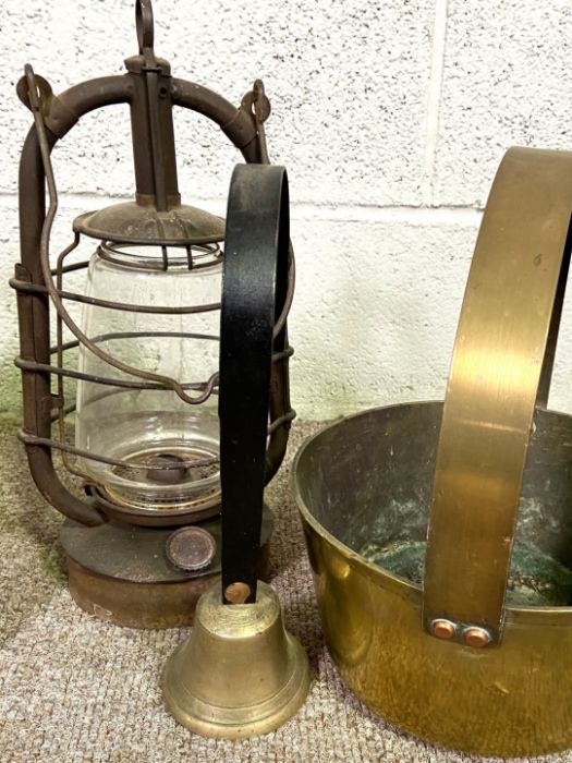 A vintage brass preserving pan, together with assorted items including two irons, a galvanised - Image 3 of 4