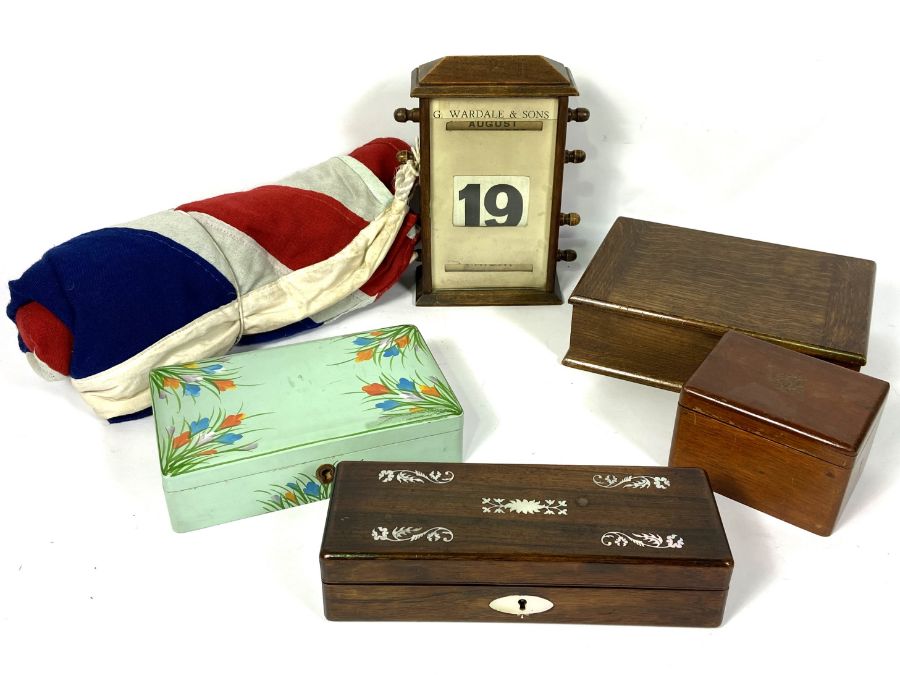 A vintage table calendar, together with four assorted decorative boxes and a union flag