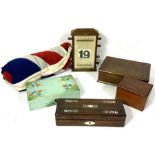 A vintage table calendar, together with four assorted decorative boxes and a union flag