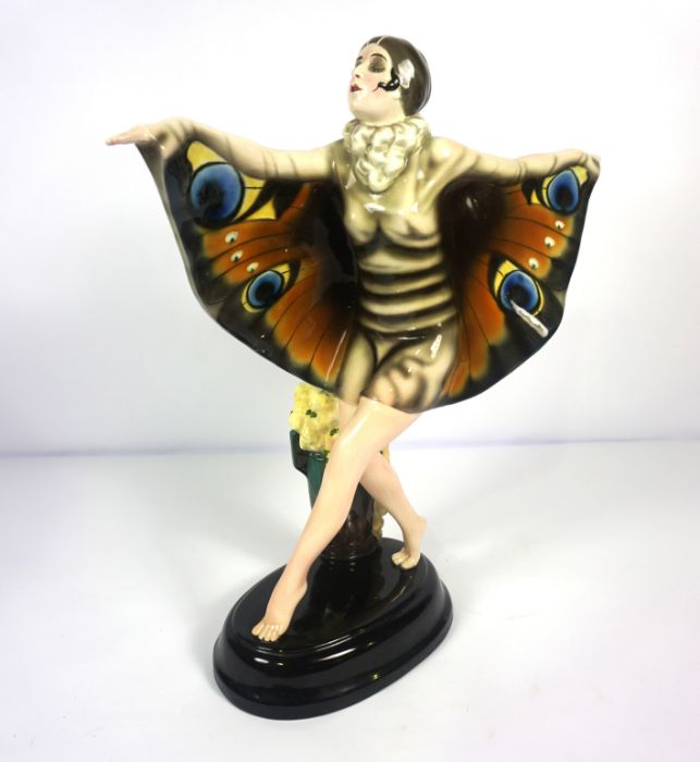 A Goldsheider ceramic painted figure of The Butterfly Girl, after Josef Lorenzl, base stamped 5230 / - Image 5 of 9