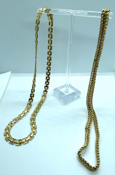 Two cased 9 carat gold chains, one with a double weave chain, both with clasps, marked 375 (21.9g