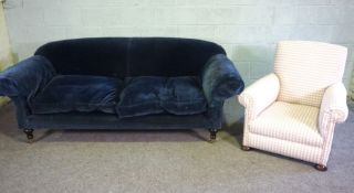 A vintage Chesterfield sofa, currently upholstered in blue velvet, 220cm wide; together with an