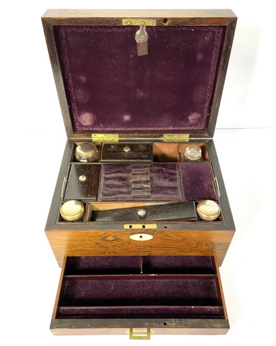 A William IV rosewood travelling box, the interior with assorted compartments and fittings for - Image 5 of 6