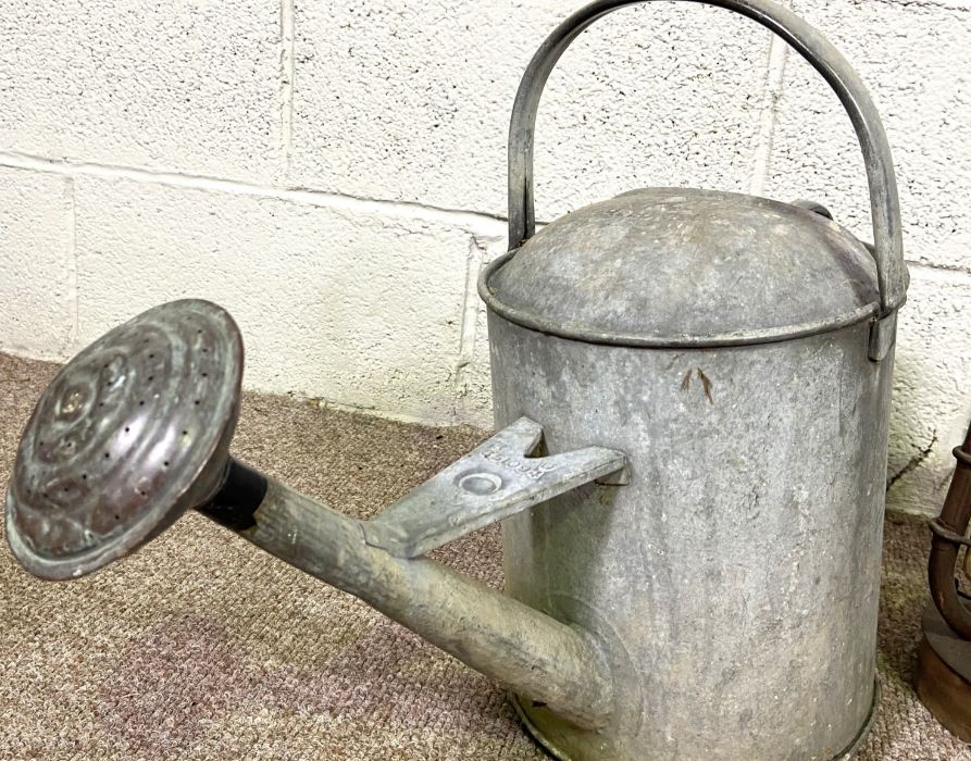 A vintage brass preserving pan, together with assorted items including two irons, a galvanised - Image 4 of 4