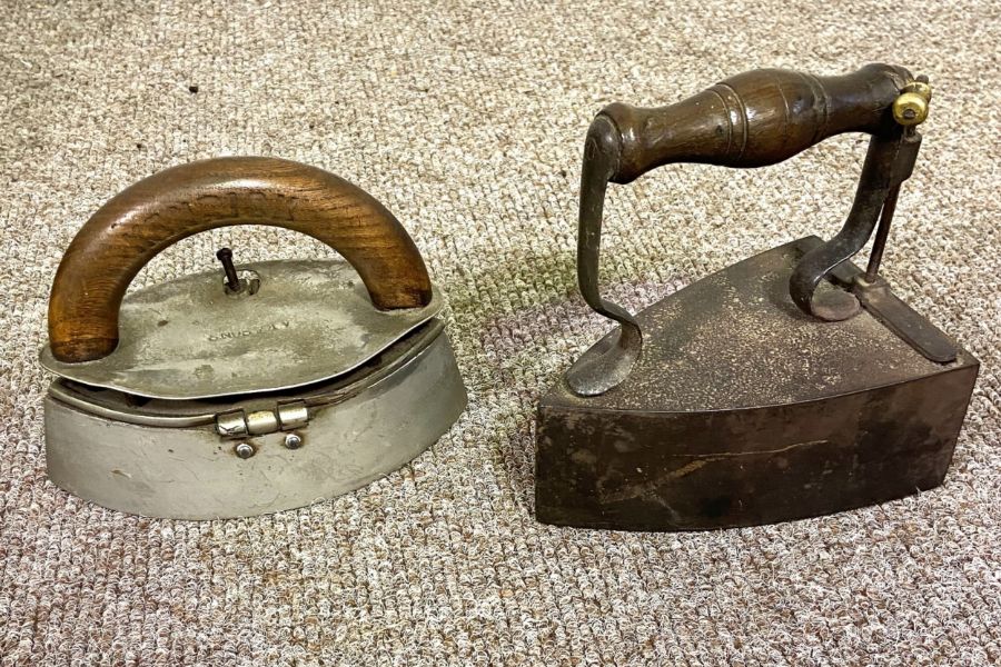 A vintage brass preserving pan, together with assorted items including two irons, a galvanised - Image 2 of 4