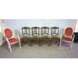 Two French style painted armchairs, together with a set of four Edwardian beech framed dining chairs