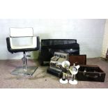 A group of various items including a vintage Hairdressing chair; a cased set of photographers