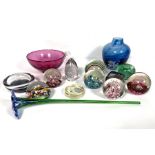 A quantity of assorted decorative paperweights, and assorted coloured glass including a large