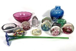 A quantity of assorted decorative paperweights, and assorted coloured glass including a large