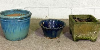 Three garden planters, together with a composition stone cat and a garden seat