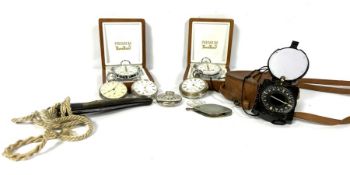 Four silver cased pocket watches, together with two Hanhart stopwatches and a military compass,