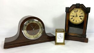 A Mappin & Webb brass cased carriage clock, 15cm high; together with two small mantel clocks and a