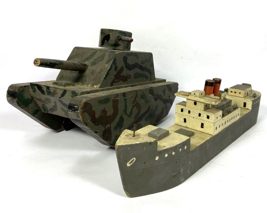 A small group of novelty toys including a handbuilt World War I tank, handbuilt model of a liberty - Image 3 of 11