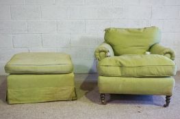 A deep seated armchair, in the manner of Howard & Sons, 20th century, together with a footstool,
