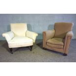 Two vintage armchairs, one with a deep cushioned seat, the other smaller with light pink dot