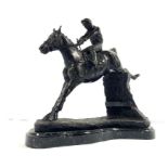 British School, Red Rum, with Jockey Up, taking a fence, unsigned bronzed figure group, 32cm high,