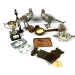 A quantity of assorted items including a pair of table pheasants, a quaich and other ephemera