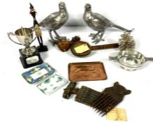 A quantity of assorted items including a pair of table pheasants, a quaich and other ephemera