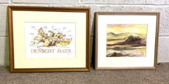 A group of pictures and prints, including ‘Desert Rats’; Duart Castle, gouache, and a limited