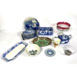 A quantity of assorted ceramics and glass, including a red rimmed ornate tazza, Willow pattern and