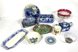 A quantity of assorted ceramics and glass, including a red rimmed ornate tazza, Willow pattern and