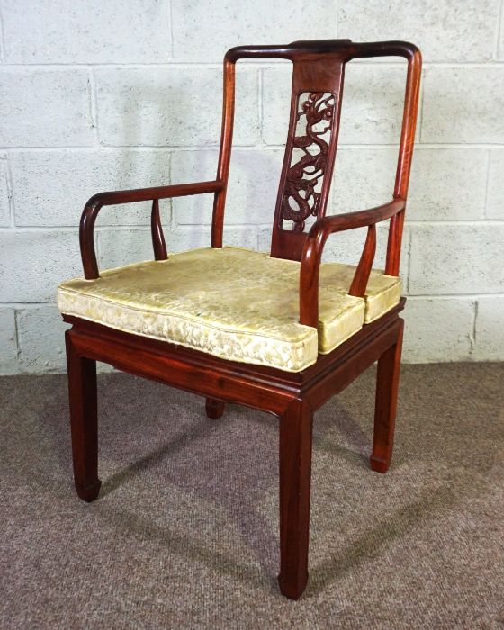 A Chinese hongmu or hardwood dining suite, including an extending oval dining table, and a set of - Image 7 of 14