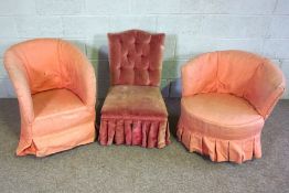 A Victorian tub chair, with later red loose cover; together with another tub chair and a button