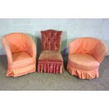 A Victorian tub chair, with later red loose cover; together with another tub chair and a button