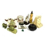 Assorted items including jade style covered koro, a pair of corbel bookends, a pair of egg stands