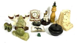 Assorted items including jade style covered koro, a pair of corbel bookends, a pair of egg stands