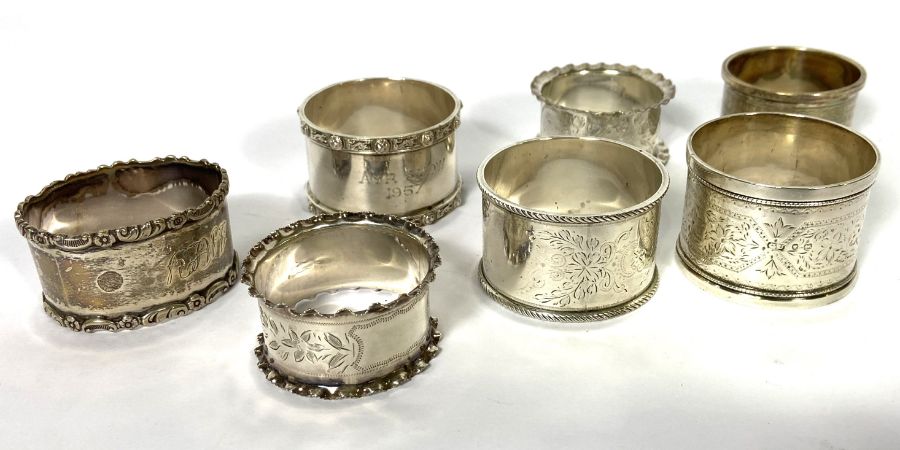 A group of seven assorted silver napkin rings, various dates and makers, total gross weight 173g (