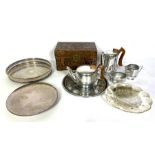 A vintage Picquot four piece tea service, together with a decorative Chinese wood box, silver plated