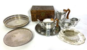 A vintage Picquot four piece tea service, together with a decorative Chinese wood box, silver plated