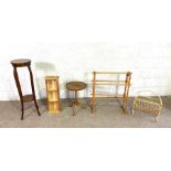 A two tier mahogany plant stand; a small wine table; a towel rail; a magazine stand and a small pine