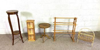 A two tier mahogany plant stand; a small wine table; a towel rail; a magazine stand and a small pine