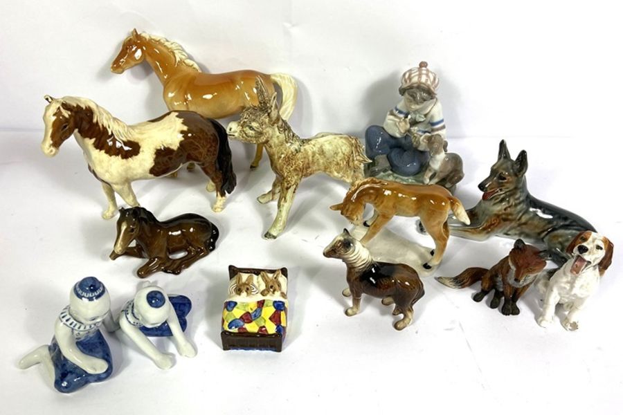 A group of assorted ceramic animals, and figurines, including Horses, a Donkey, a German Shepherd - Image 2 of 6
