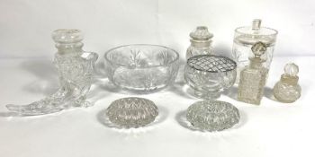 Assortment of glass with Harrods glass bowl, glass cornucopia vase etc (a lot)
