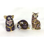 Three Royal Crown Derby bone china paperweight figures, including a Koala (1940), Badger (1938)