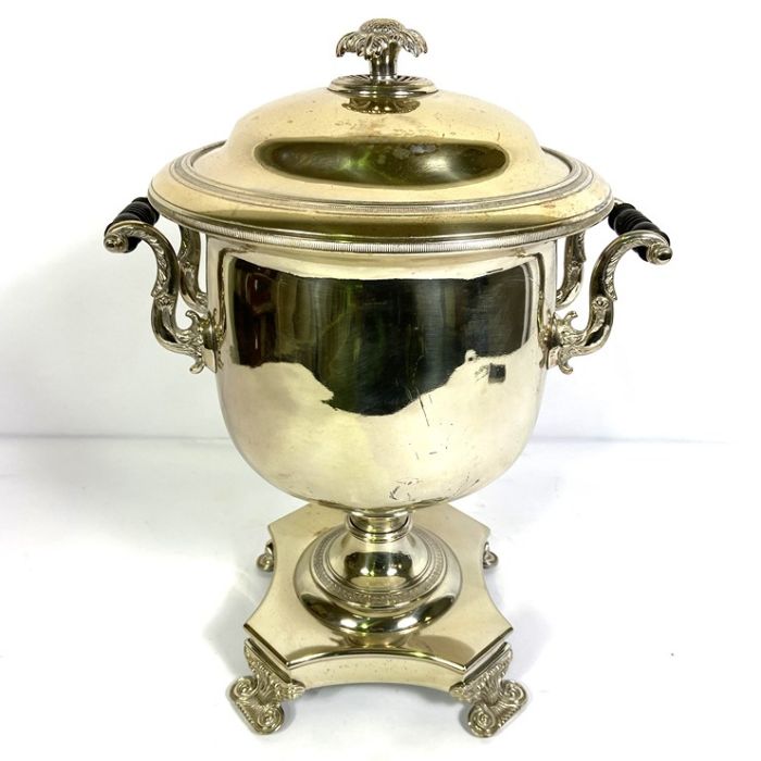 A vintage silver plated Samovar, of typical form, with scrolled side handles and set on a platform - Image 5 of 9