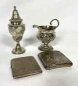 A small group of silver, including a George III silver cream jug, marks rubbed; together with two