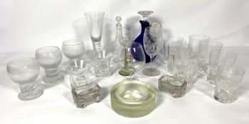Quantity of assorted cut glass drinking glasses, also a fine etched glass wine goblet, decorated