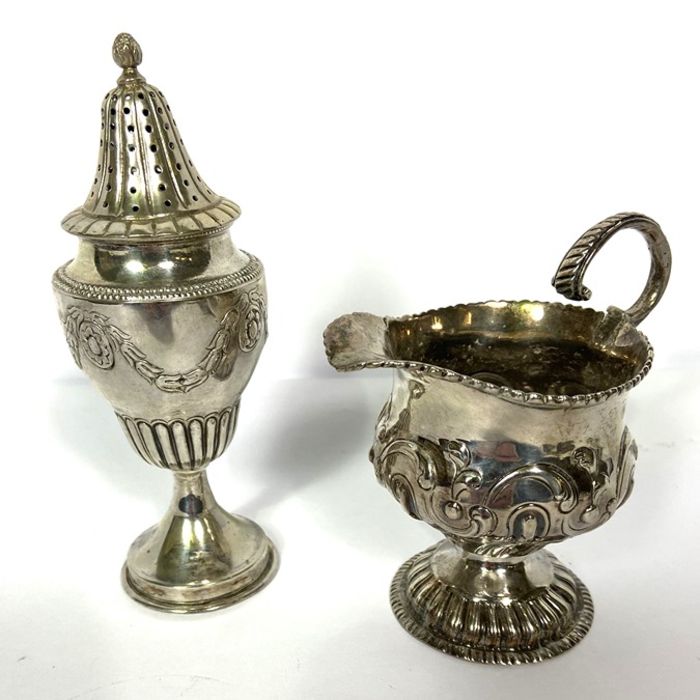 A small group of silver, including a George III silver cream jug, marks rubbed; together with two - Image 3 of 15