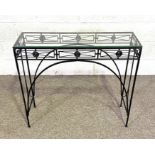 A pair of modern tray topped ‘lead’ style occasional garden tables; a pair of trivet tables and a